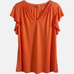 Kikula Womens XL Orange Ruffle Sleeve V-Neck Cotton Blend Top HZB0622